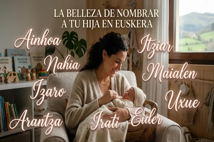 La belleza de nombrar a tu hija en euskera Niña sonriente con fondo tradicional vasco representando la belleza de los nombres en euskera
