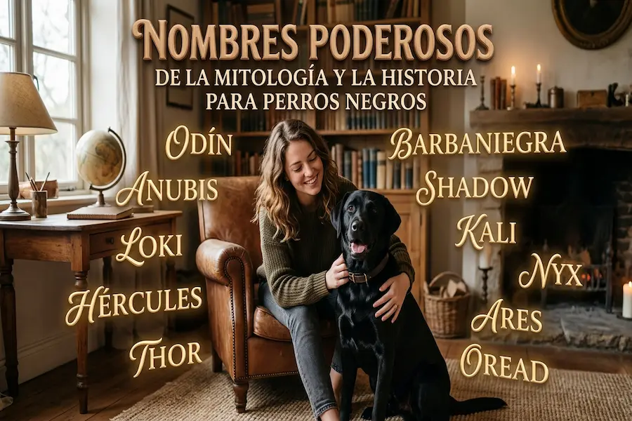 Perro negro con porte regio, ideal para nombres de la mitología