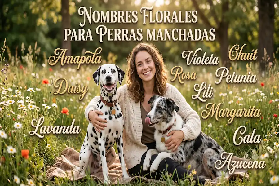 Nombres florales para perras manchadas Perrita con manchas y flores