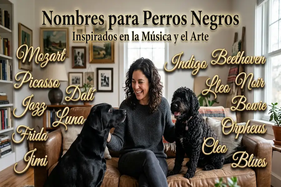 Perro negro posando artísticamente para nombres inspirados en música y arte