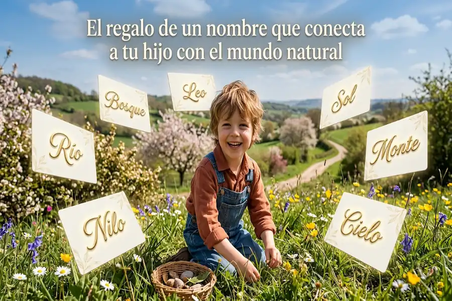 El regalo de un nombre con conexión natural para tu hijo Padre abrazando a su hijo en un bosque soleado, simbolizando la conexión de un nombre con el mundo natural