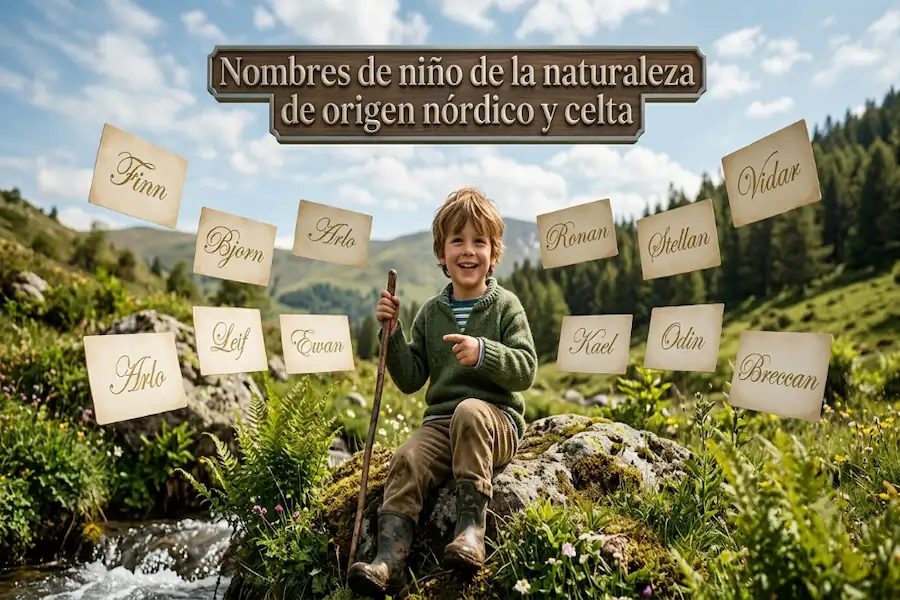 Nombres celtas y nórdicos de niño inspirados en la naturaleza Paisaje místico de montañas y lagos que evoca los nombres de niño de la naturaleza de origen nórdico y celta