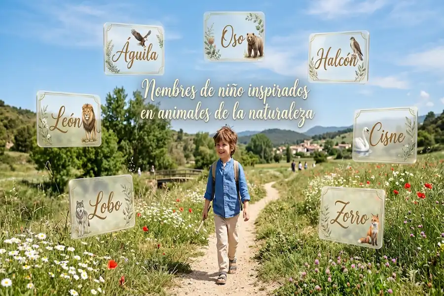 Nombres de niño inspirados en animales de la fauna silvestre Ilustración sutil de animales del bosque como el ciervo o el oso, ideal para nombres de niño inspirados en la fauna